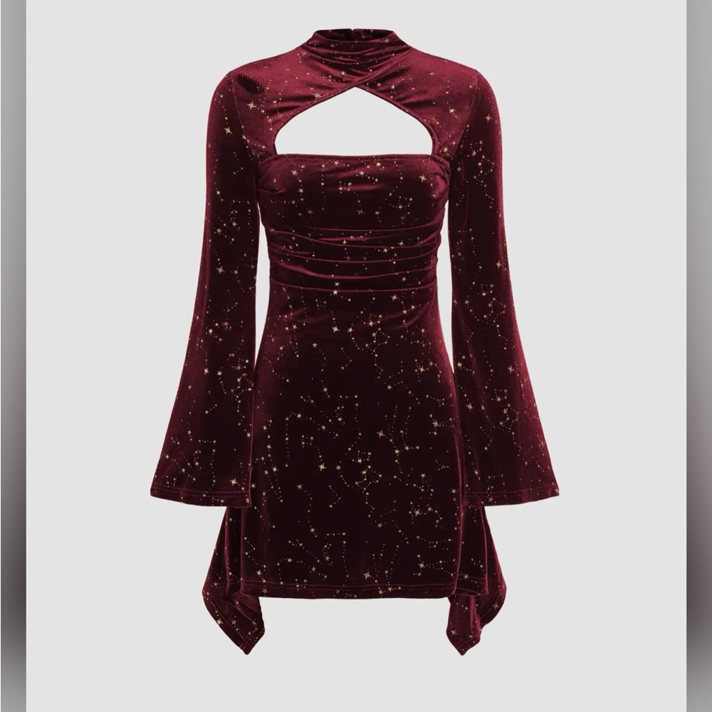 VELVET STAR PATTERN BELL SLEEVE SHORT DRESS L 8-8